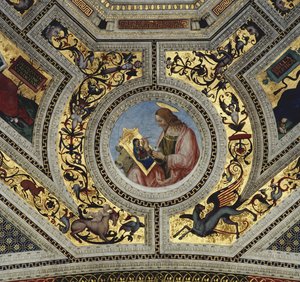 福音伝道者ルカと長老の金庫、サンタマリアデルポポロ、ローマ、1484-92年 作： Bernardino di Betto Pinturicchio